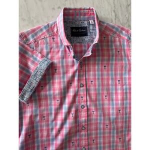 Robert Graham Button Down Shirt Mens M Pink Plaid Martini Glass Print Flip Cuff
